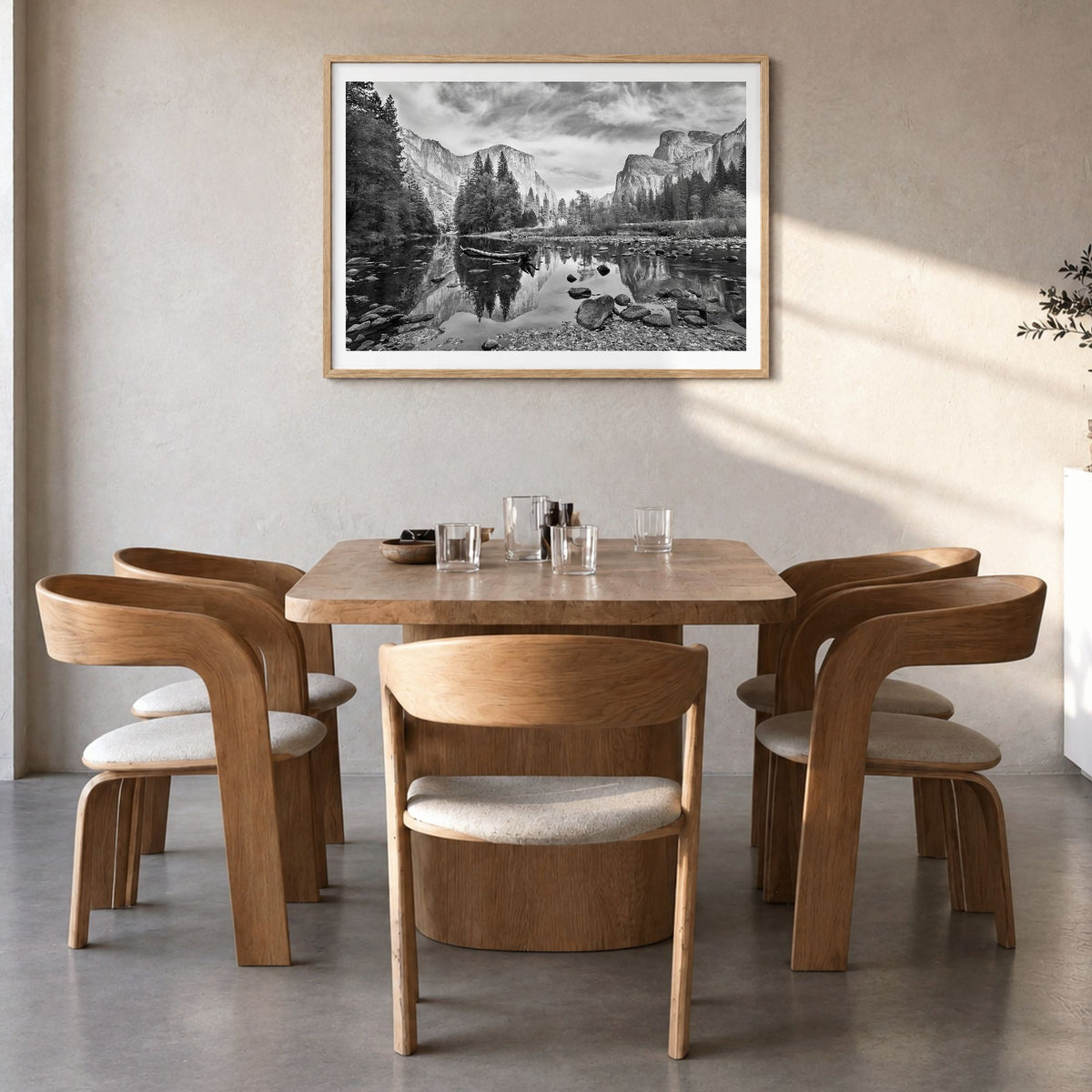 Redwood National Park Photo Poster in a natural wood frame, hanging in a dining room, white border