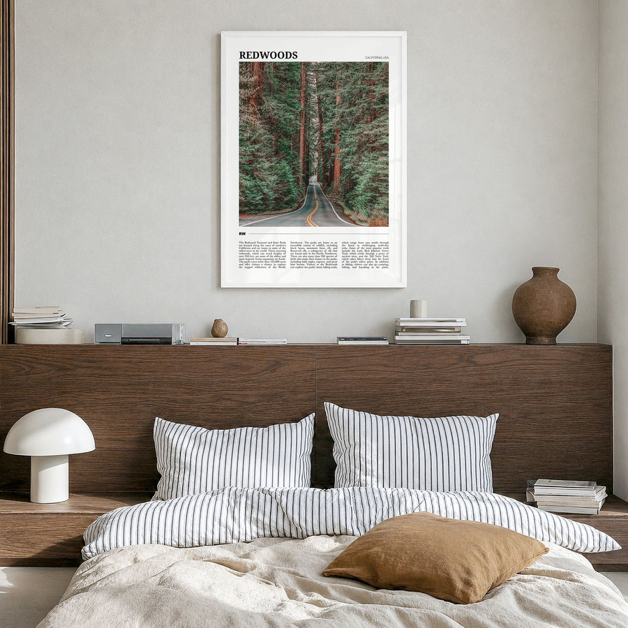 Redwoods Travel Poster in a white wood frame, hanging in a bedroom