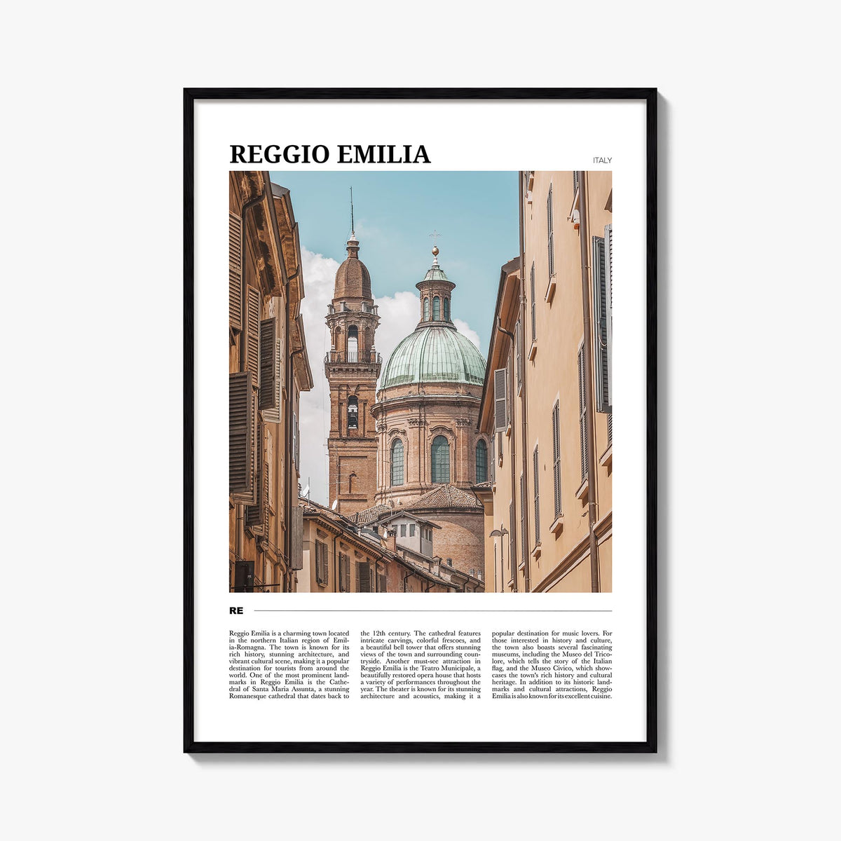 Reggio Emilia colorful travel poster of Italy – vertical wall art, unframed print shown in interior mockup