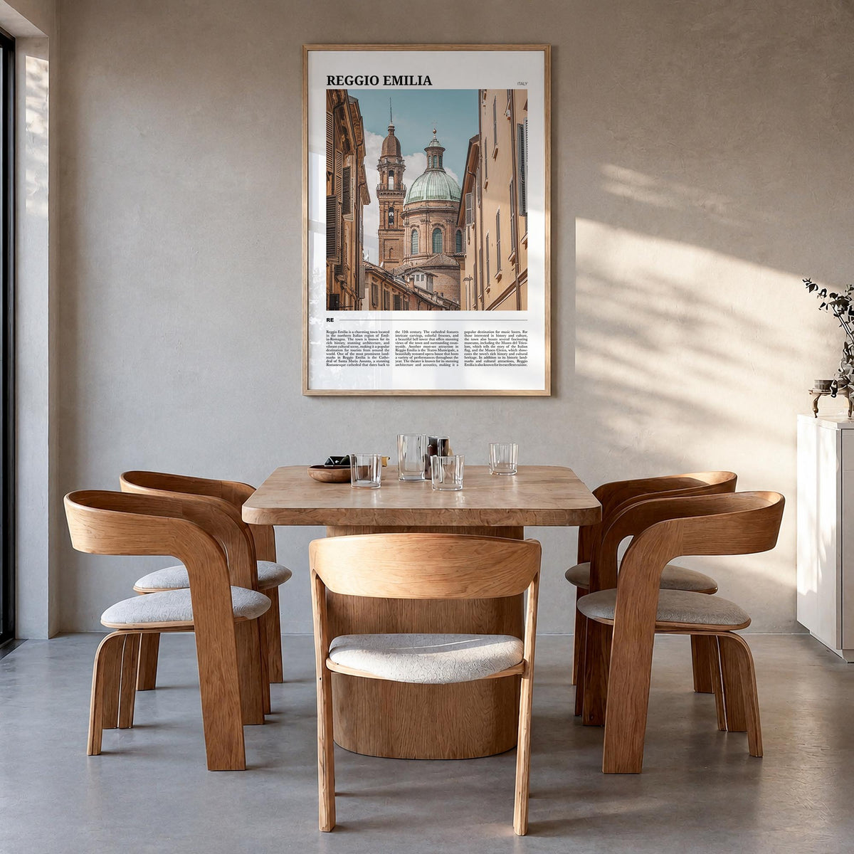 Reggio Emilia colorful travel poster of Italy – vertical wall art in natural wood frame, hanging on wall