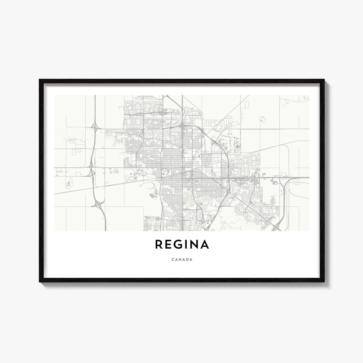 Regina black & white map poster of Saskatchewan, Canada – horizontal wall art, unframed print shown in interior mockup