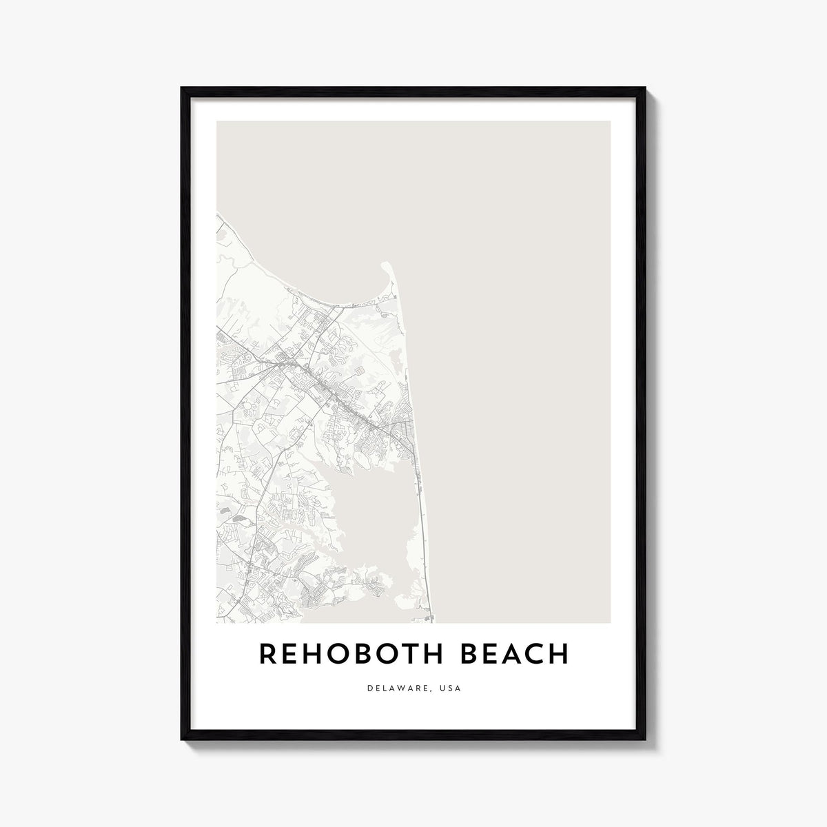 Rehoboth Beach black & white map poster of Delaware, USA – vertical wall art, unframed print shown in interior mockup