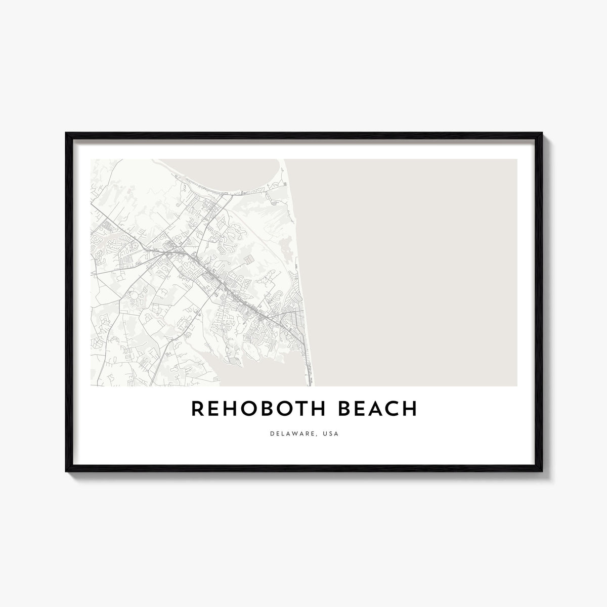 Rehoboth Beach black & white map poster of Delaware, USA – horizontal wall art, unframed print shown in interior mockup