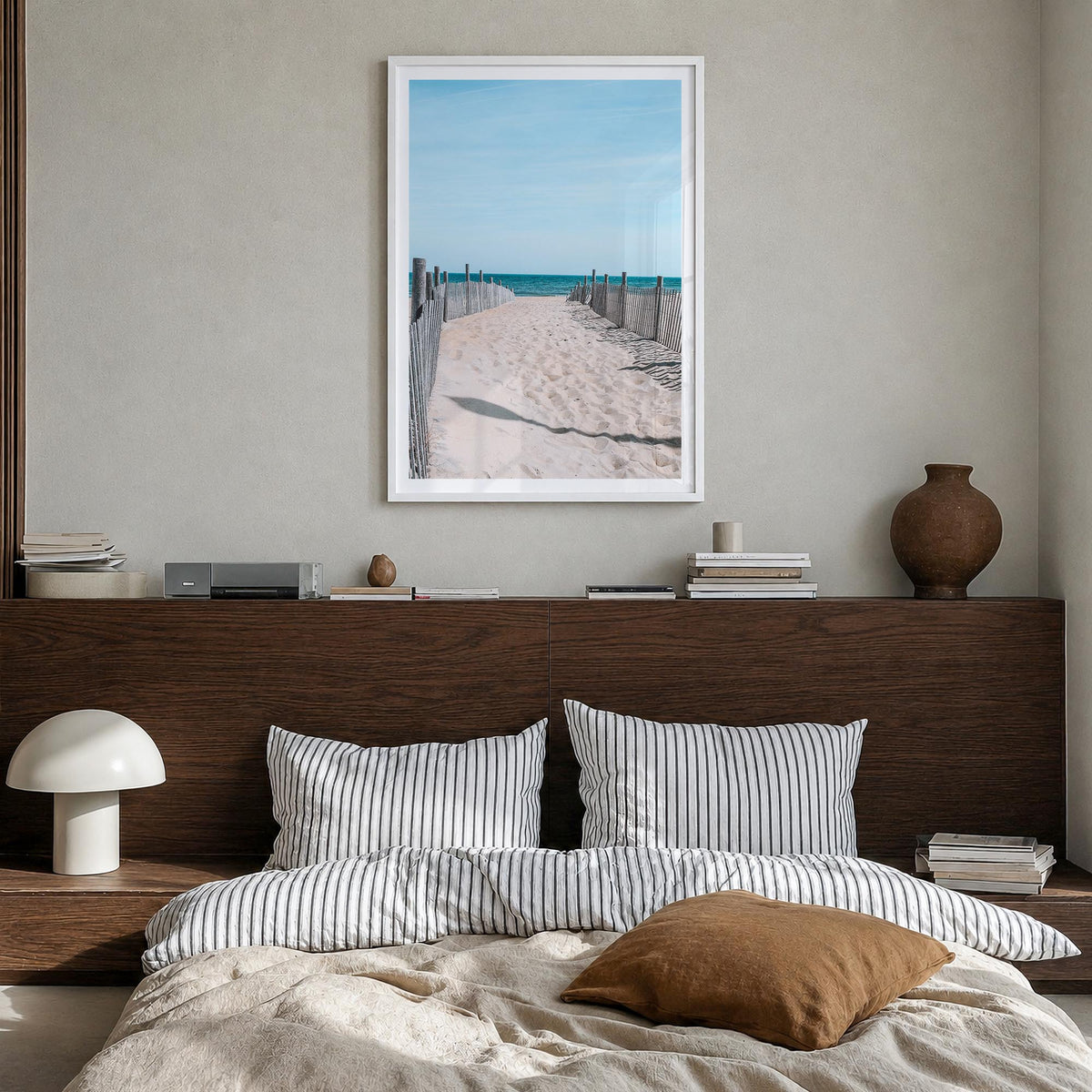 Rehoboth Beach colorful photo poster of Delaware, USA – vertical wall art in white wood frame with white border, hanging on w