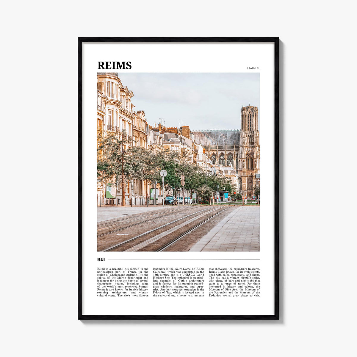 Reims colorful travel poster of France – vertical wall art, unframed print shown in interior mockup