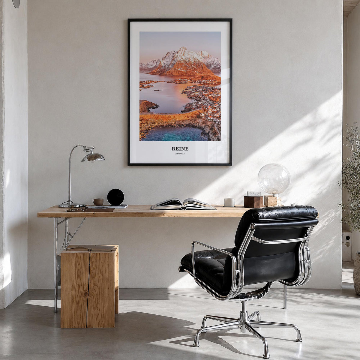 Reine colorful classic poster of Norway – vertical wall art in black wood frame, hanging on wall