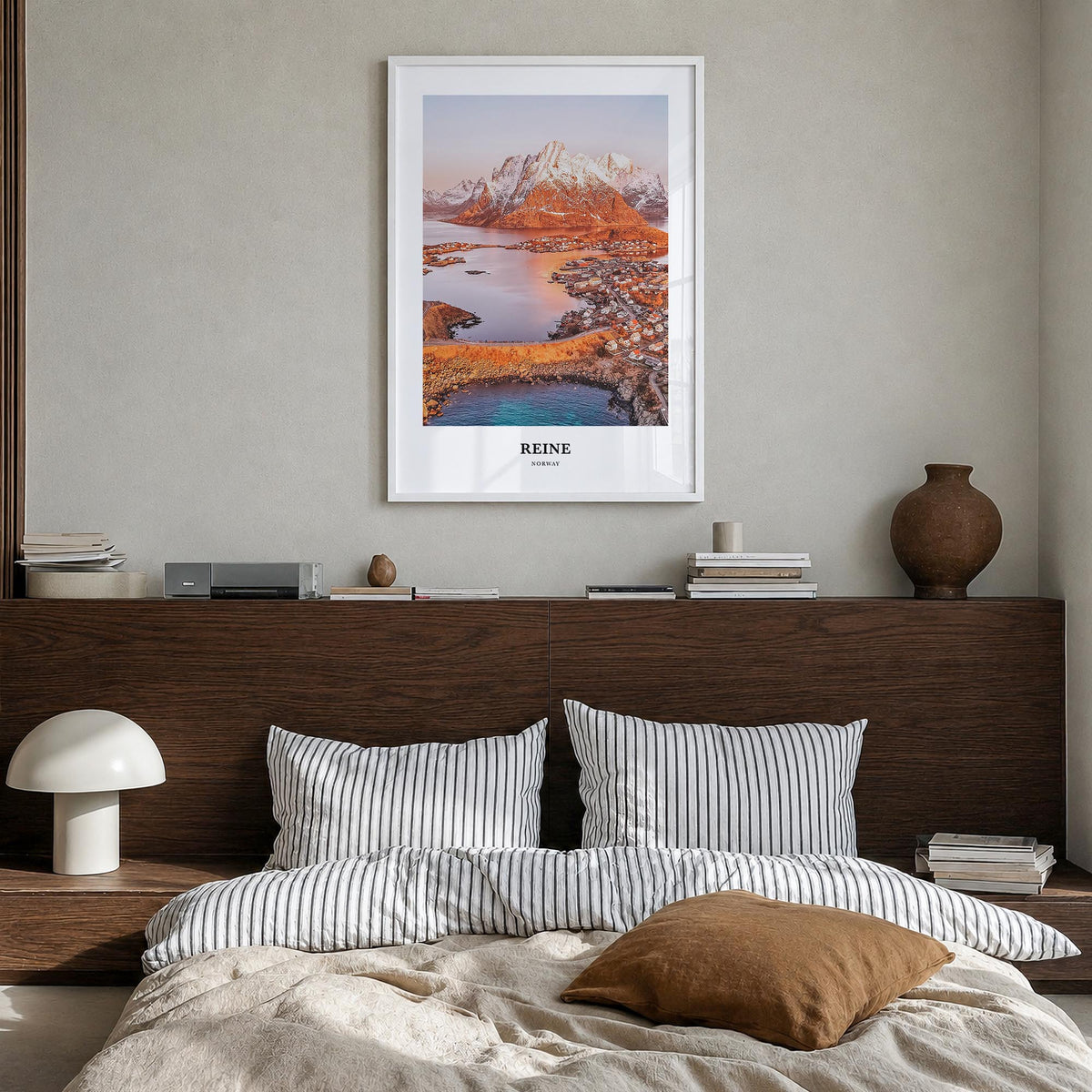Reine colorful classic poster of Norway – vertical wall art in white wood frame, hanging on wall