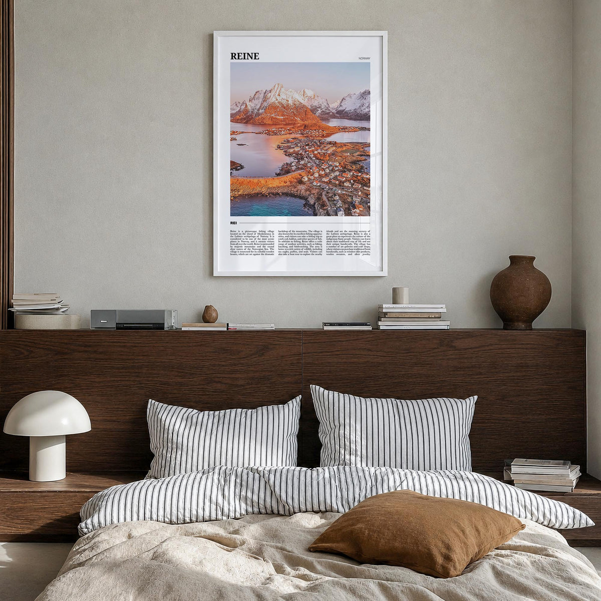 Reine colorful travel poster of Norway – vertical wall art in white wood frame, hanging on wall