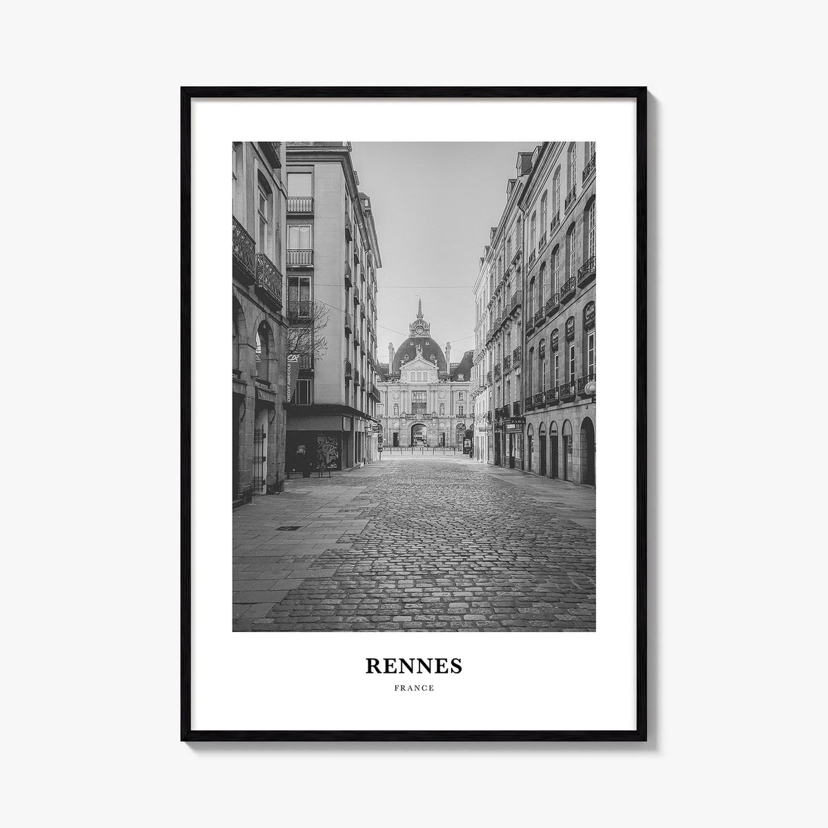 Rennes black & white classic poster of France – vertical wall art, unframed print shown in interior mockup