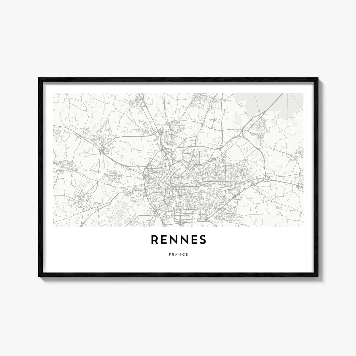 Rennes black & white map poster of France – horizontal wall art, unframed print shown in interior mockup