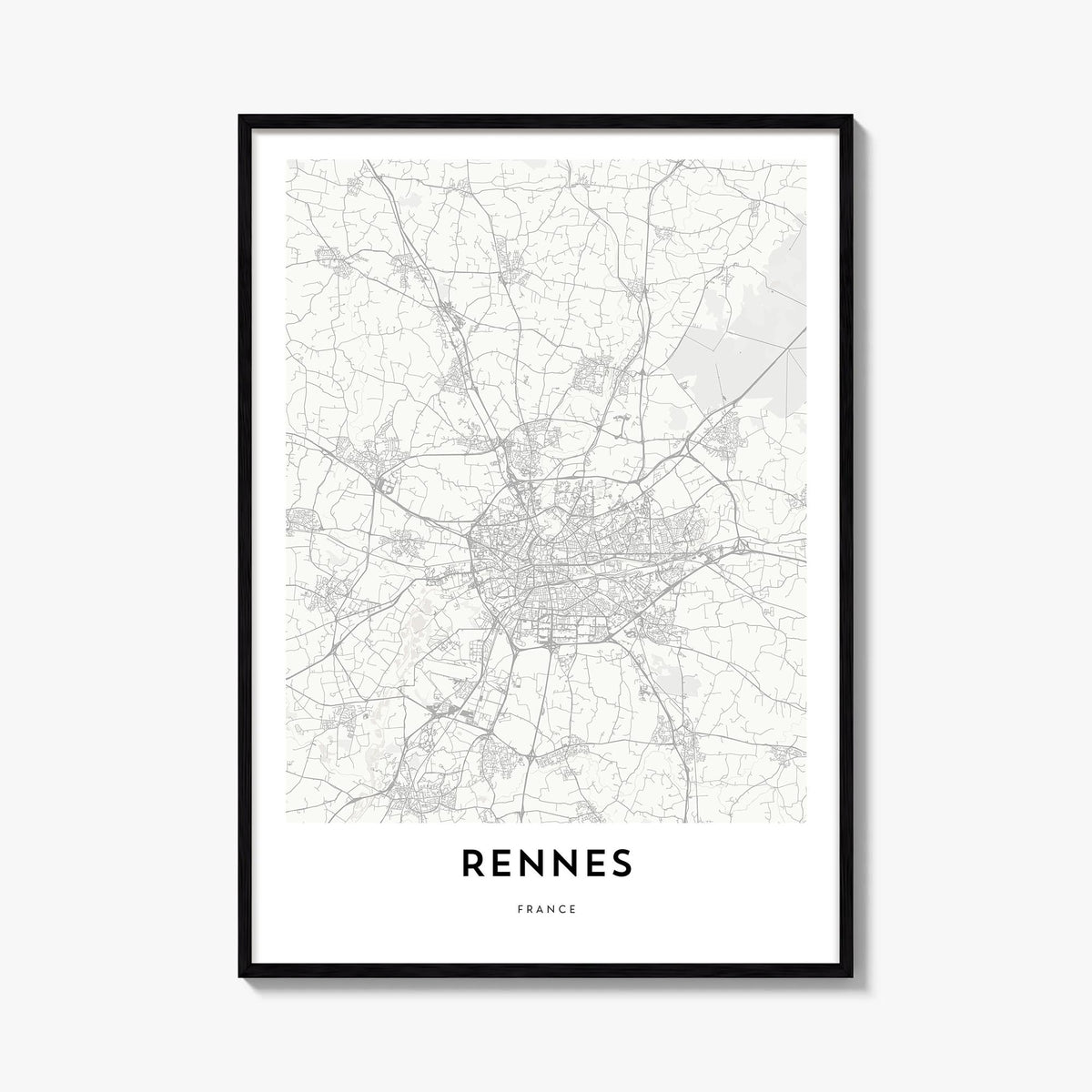 Rennes black & white map poster of France – vertical wall art, unframed print shown in interior mockup