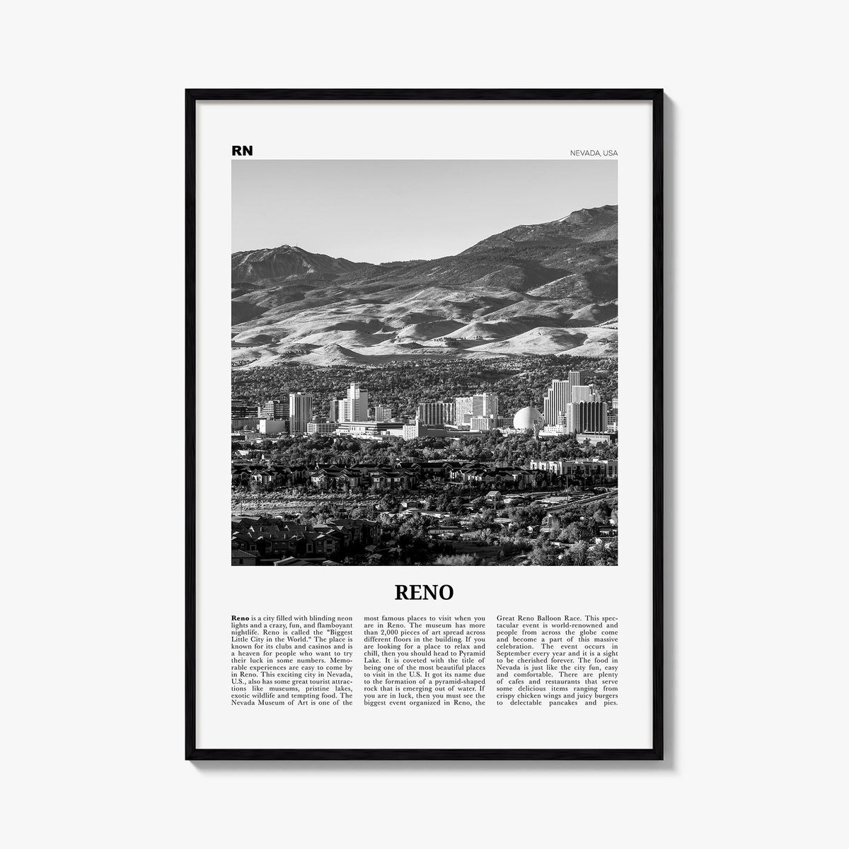 Reno black & white newspaper poster of Nevada, USA – vertical wall art, unframed print shown in interior mockup