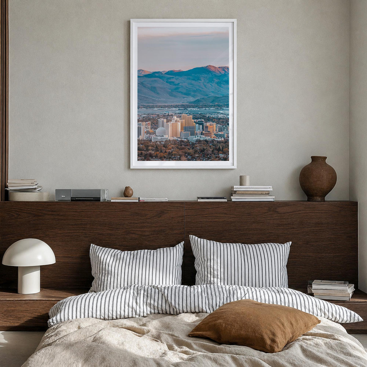 Reno colorful photo poster of Nevada, USA – vertical wall art in white wood frame with white border, hanging on wall