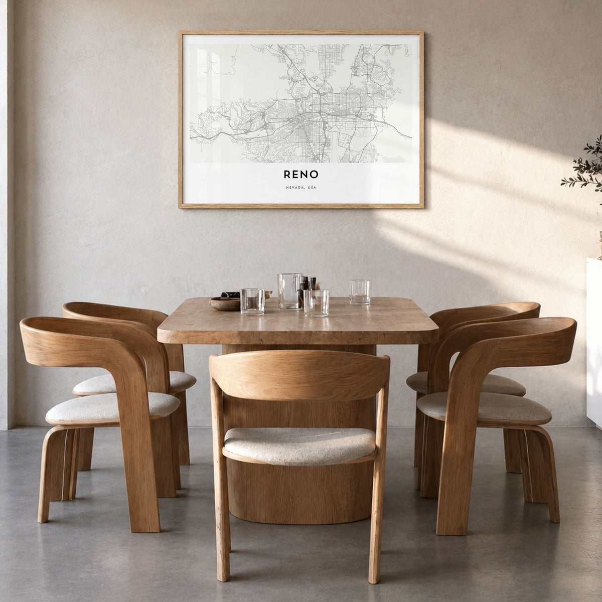 Reno Map Poster in a natural wood frame, hanging in a dining room