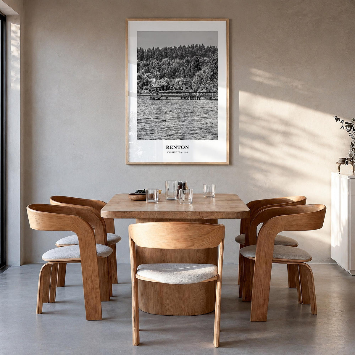 Renton black & white classic poster of Washington, USA – vertical wall art in natural wood frame, hanging on wall