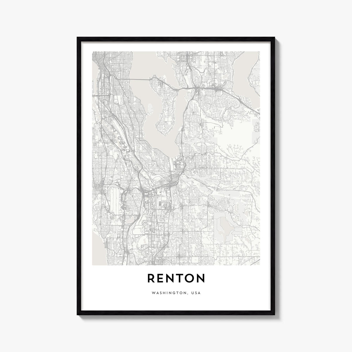 Renton black & white map poster of Washington, USA – vertical wall art, unframed print shown in interior mockup