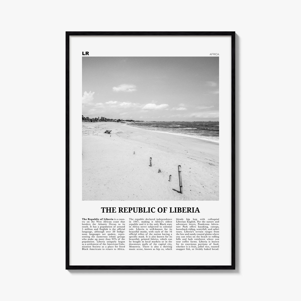 The Republic of Liberia black & white newspaper poster of Liberia – vertical wall art, unframed print shown in interior mocku