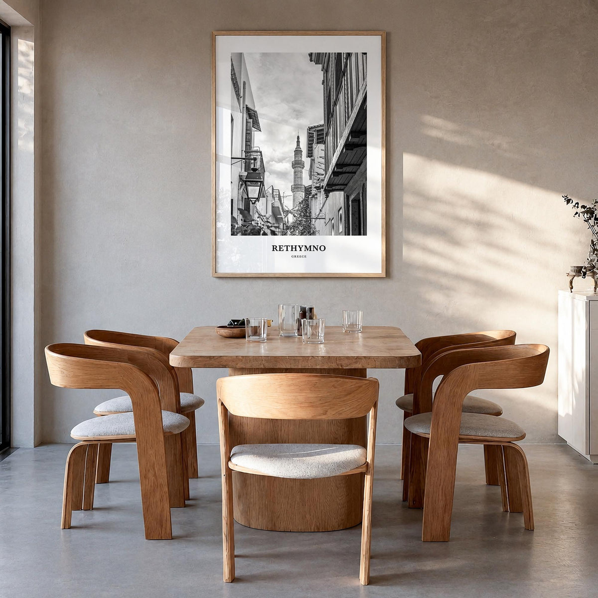 Rethymno black & white classic poster of Greece – vertical wall art in natural wood frame, hanging on wall