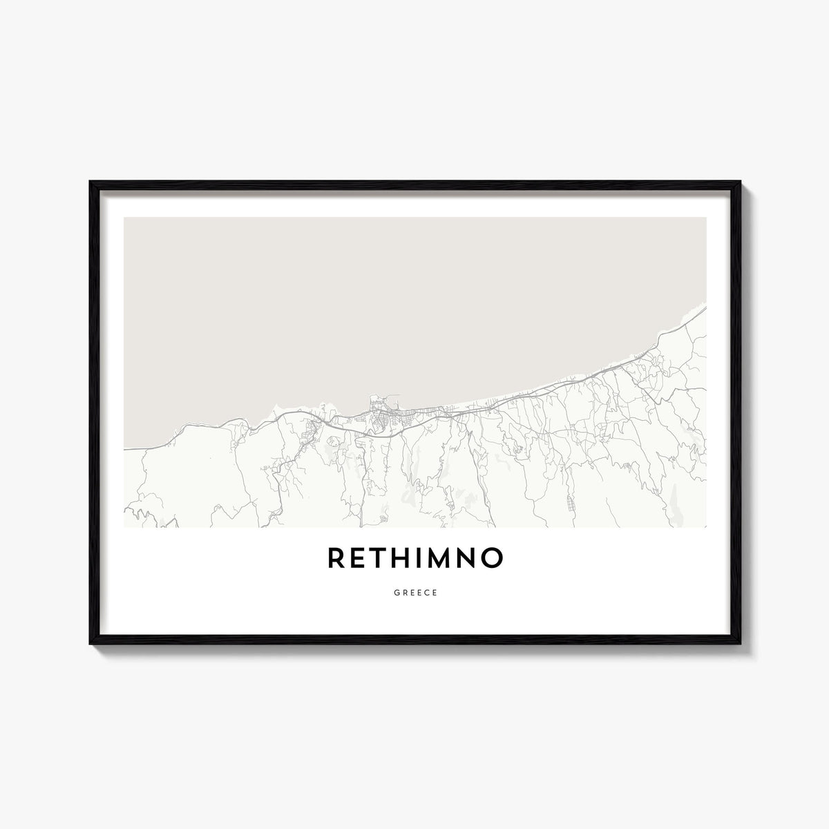 Rethymno black & white map poster of Greece – horizontal wall art, unframed print shown in interior mockup