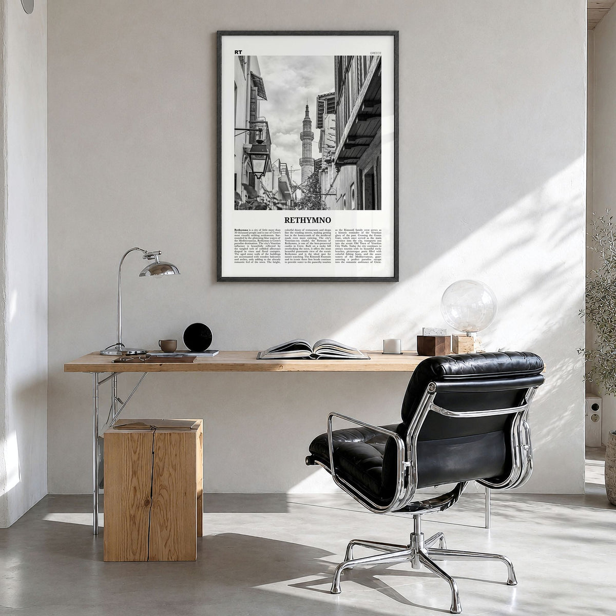 Rethymno Newspaper Poster in a black wood frame, hanging in a bright home office