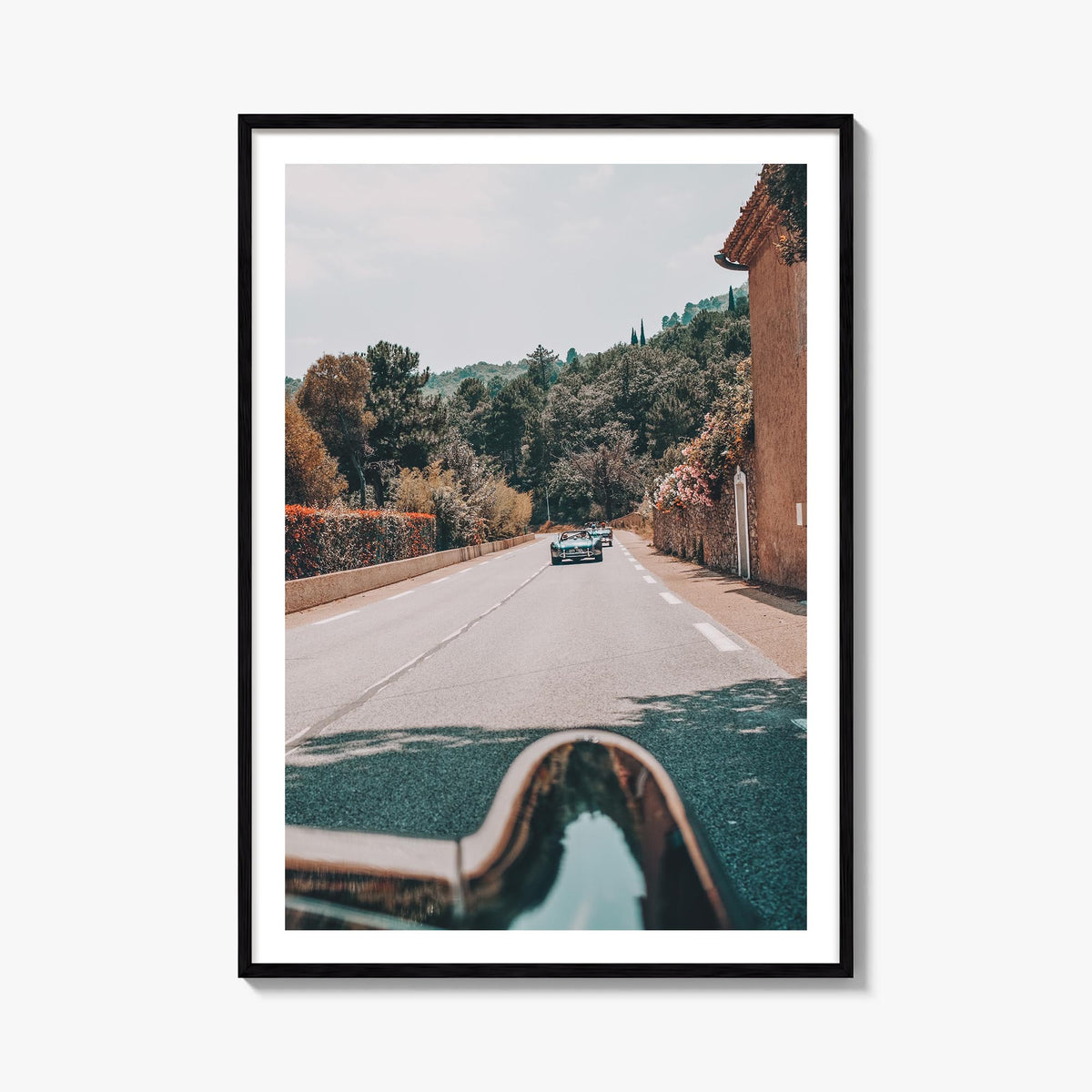 Retro Car on Road colorful photo poster – vertical wall art, unframed print shown in interior mockup
