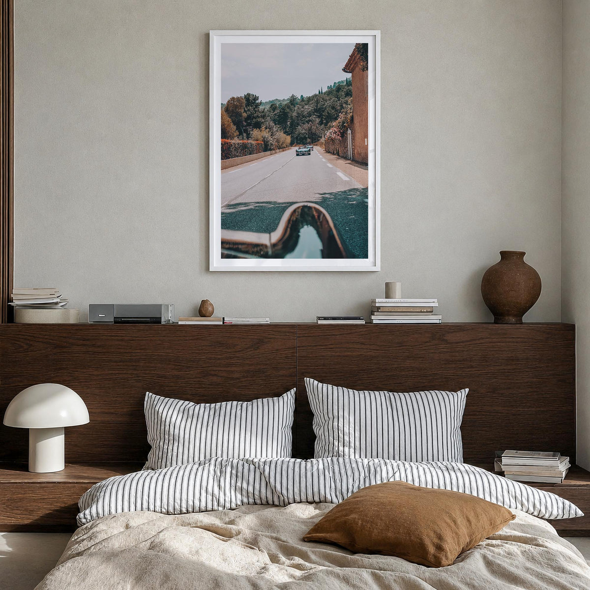 Retro Car on Road colorful photo poster – vertical wall art in white wood frame with white border, hanging on wall