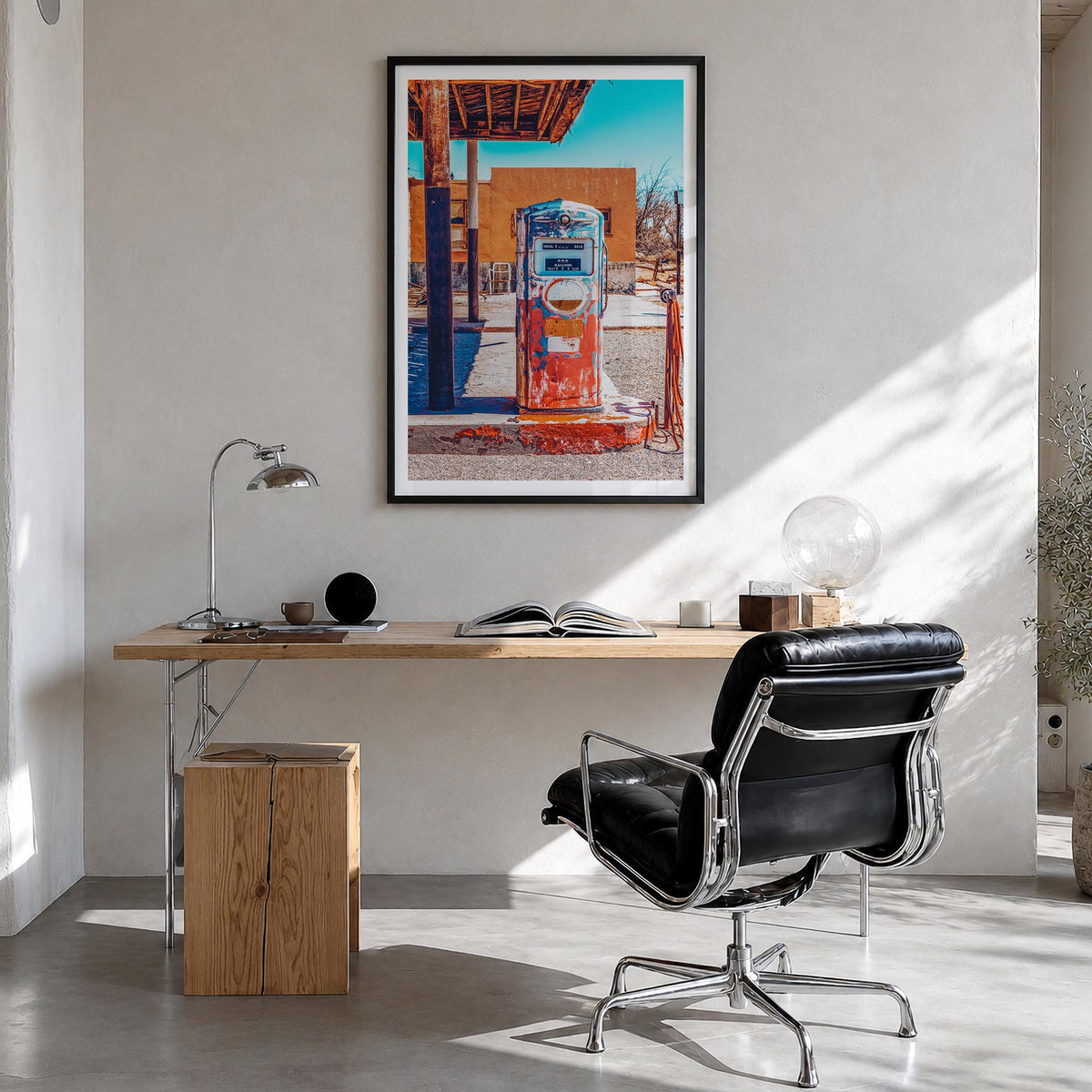 Retro Gas Pump colorful photo poster – vertical wall art in black wood frame with white border, hanging on wall
