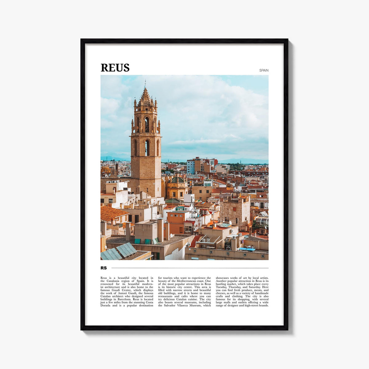 Reus colorful travel poster of Spain – vertical wall art, unframed print shown in interior mockup