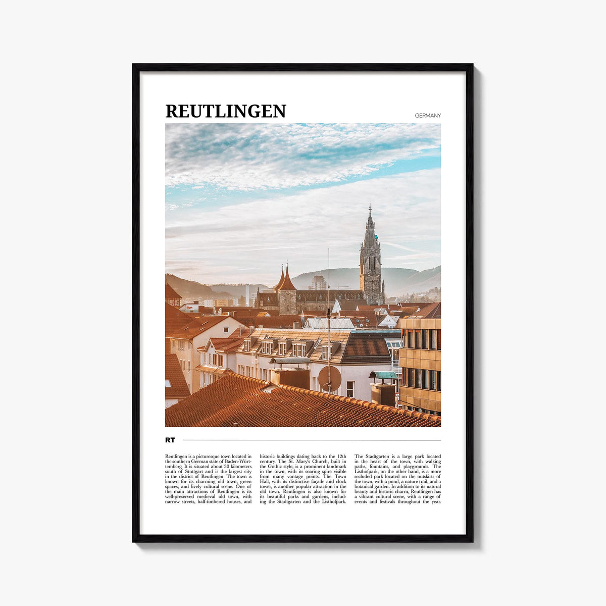 Reutlingen colorful travel poster of Germany – vertical wall art, unframed print shown in interior mockup