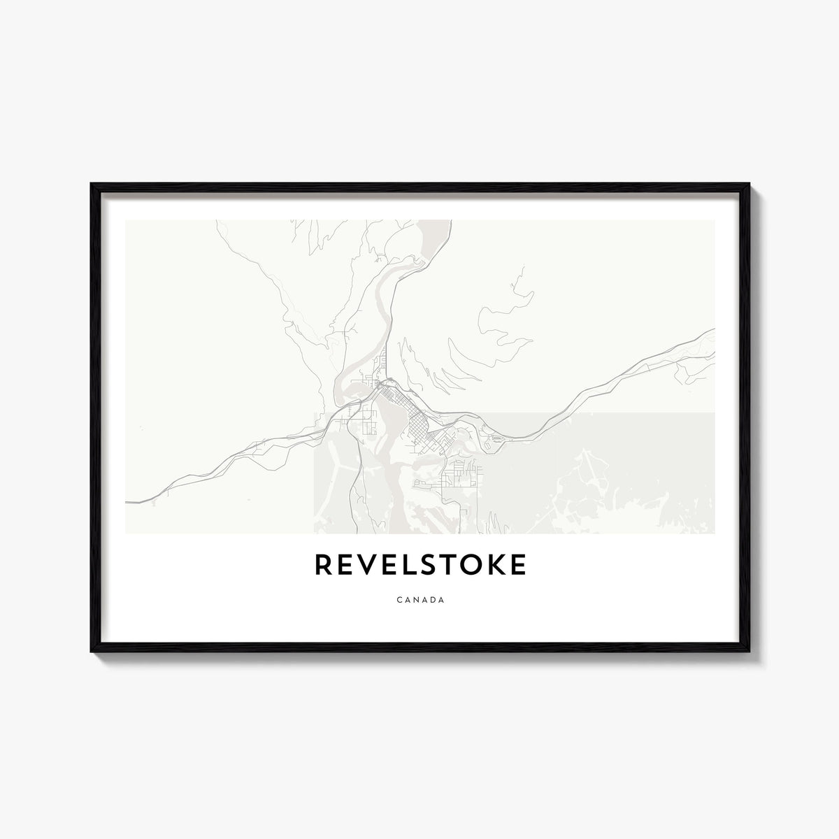 Revelstoke black & white map poster of British Columbia, Canada – horizontal wall art, unframed print shown in interior mocku