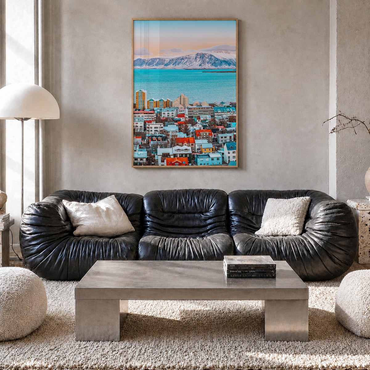Reykjavík colorful photo poster of Iceland – vertical wall art in natural wood frame, hanging on wall