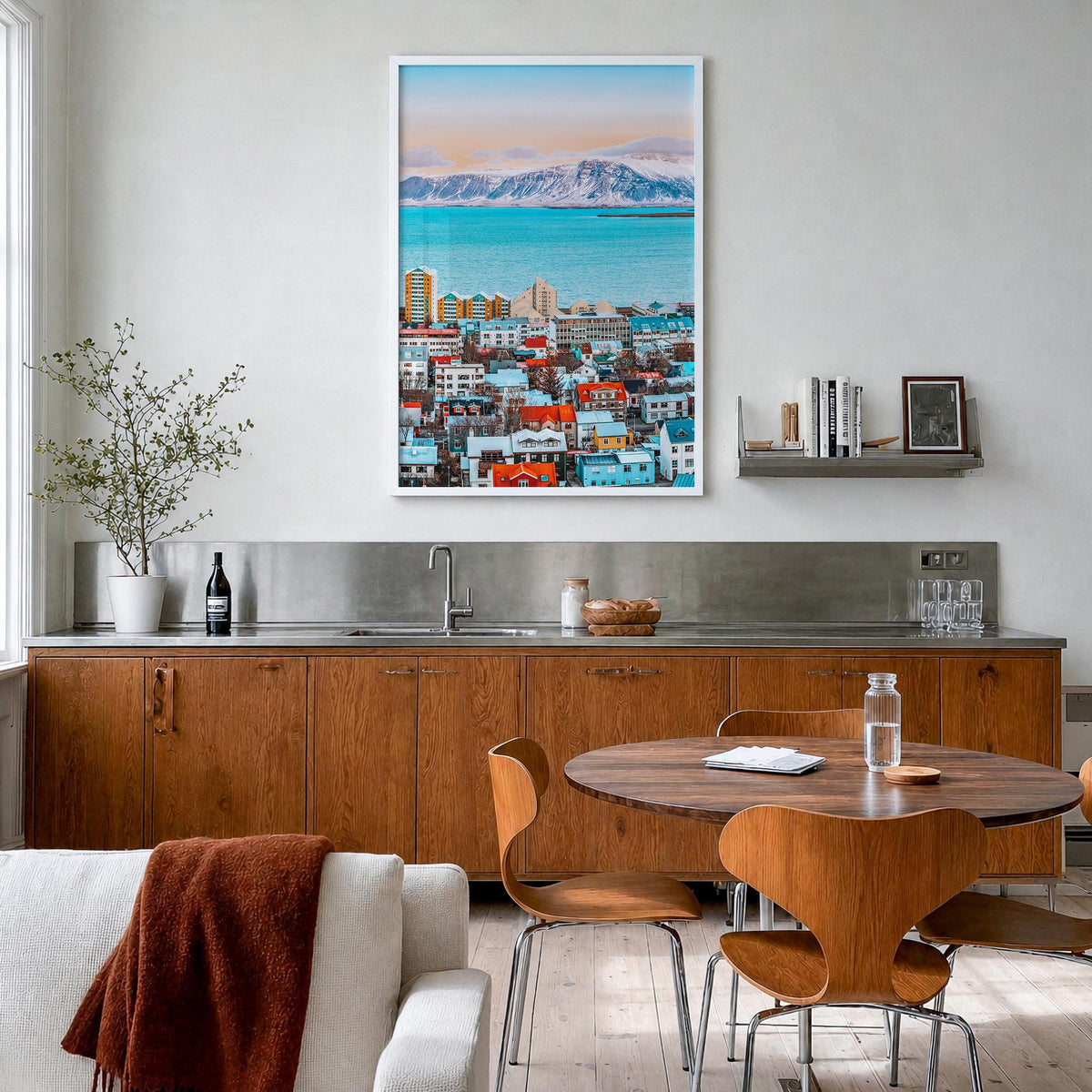 Reykjavík colorful photo poster of Iceland – vertical wall art in white wood frame, hanging on wall