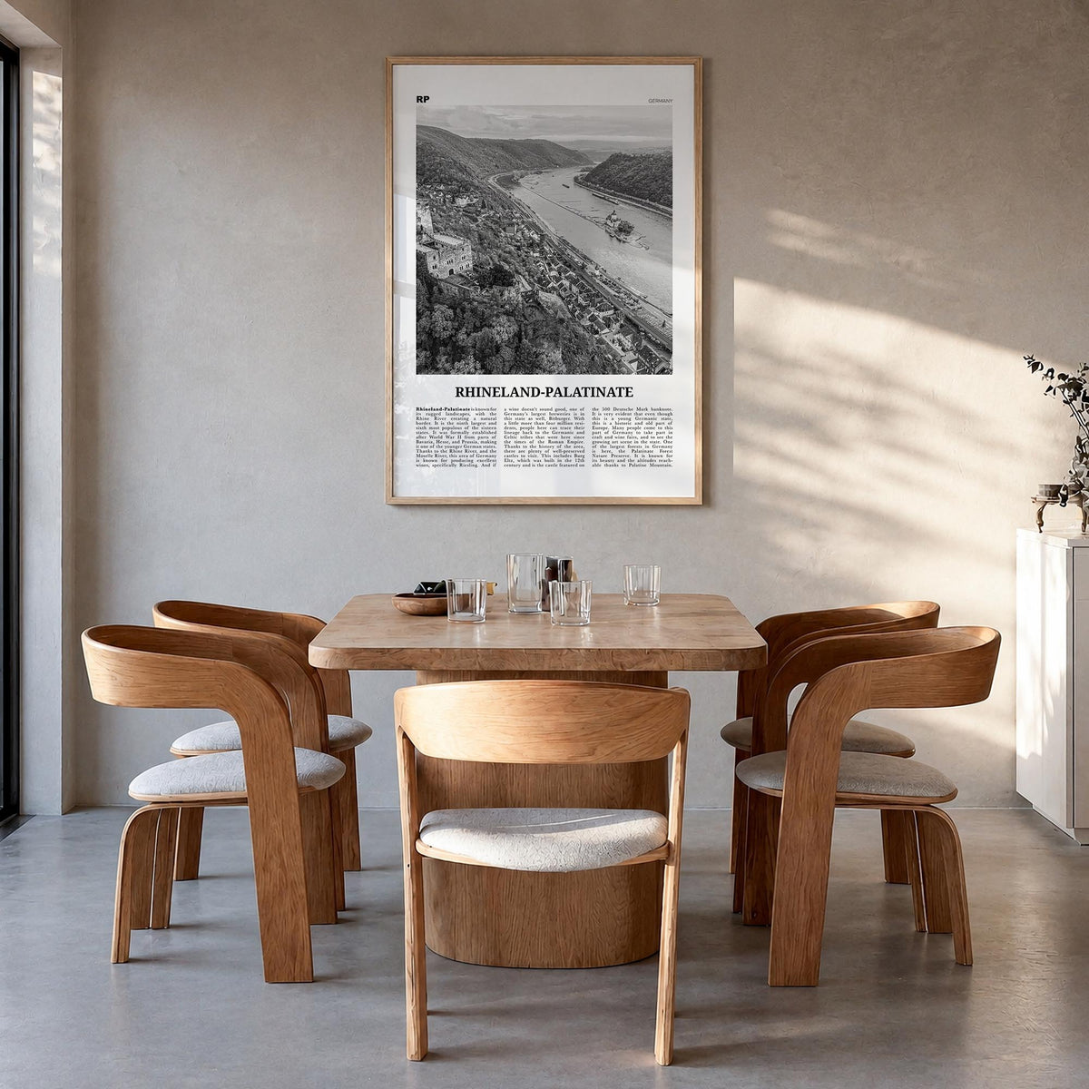 Rhineland-Palatinate black & white newspaper poster of Germany – vertical wall art in natural wood frame, hanging on wall
