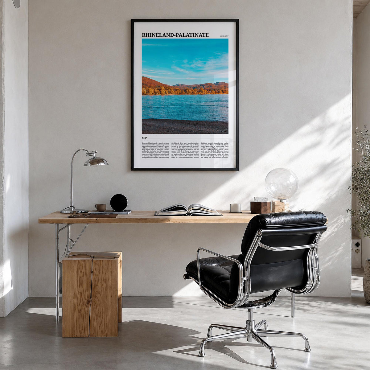 Rhineland-Palatinate colorful travel poster of Germany – vertical wall art in black wood frame, hanging on wall
