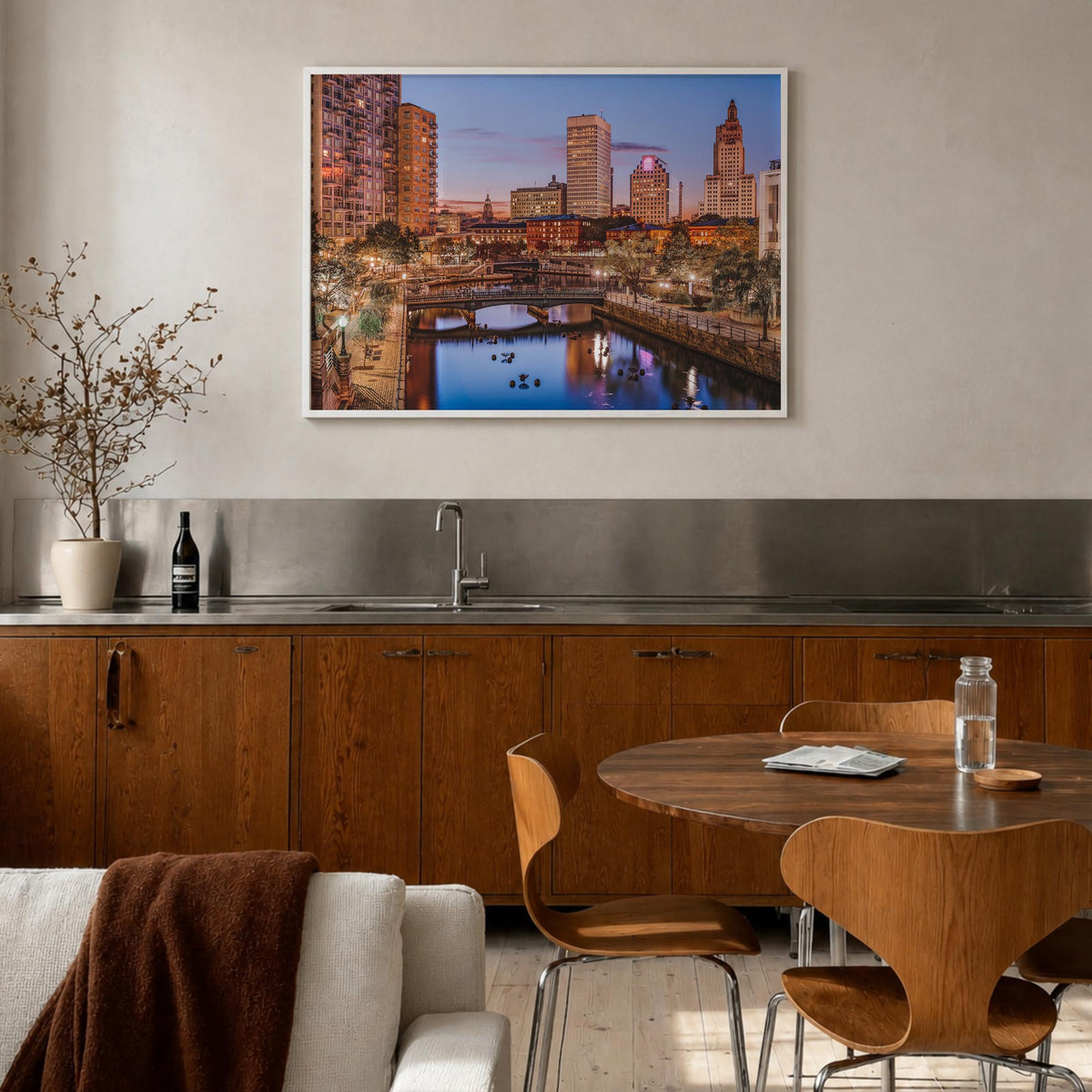 Rhode Island colorful photo poster of United States – horizontal wall art in white wood frame, hanging on wall