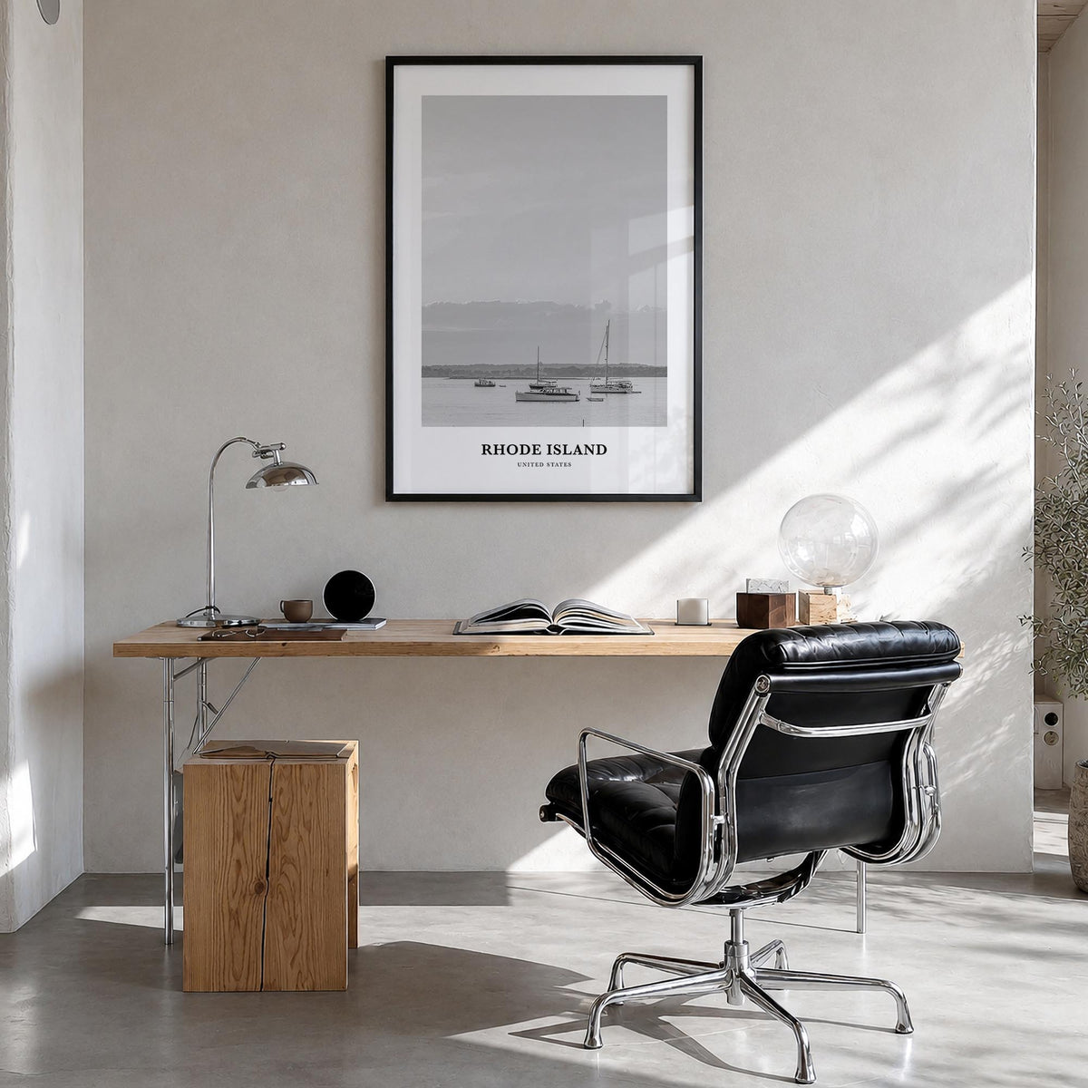 Rhode Island no. 1 black & white classic poster of United States – vertical wall art in black wood frame, hanging on wall
