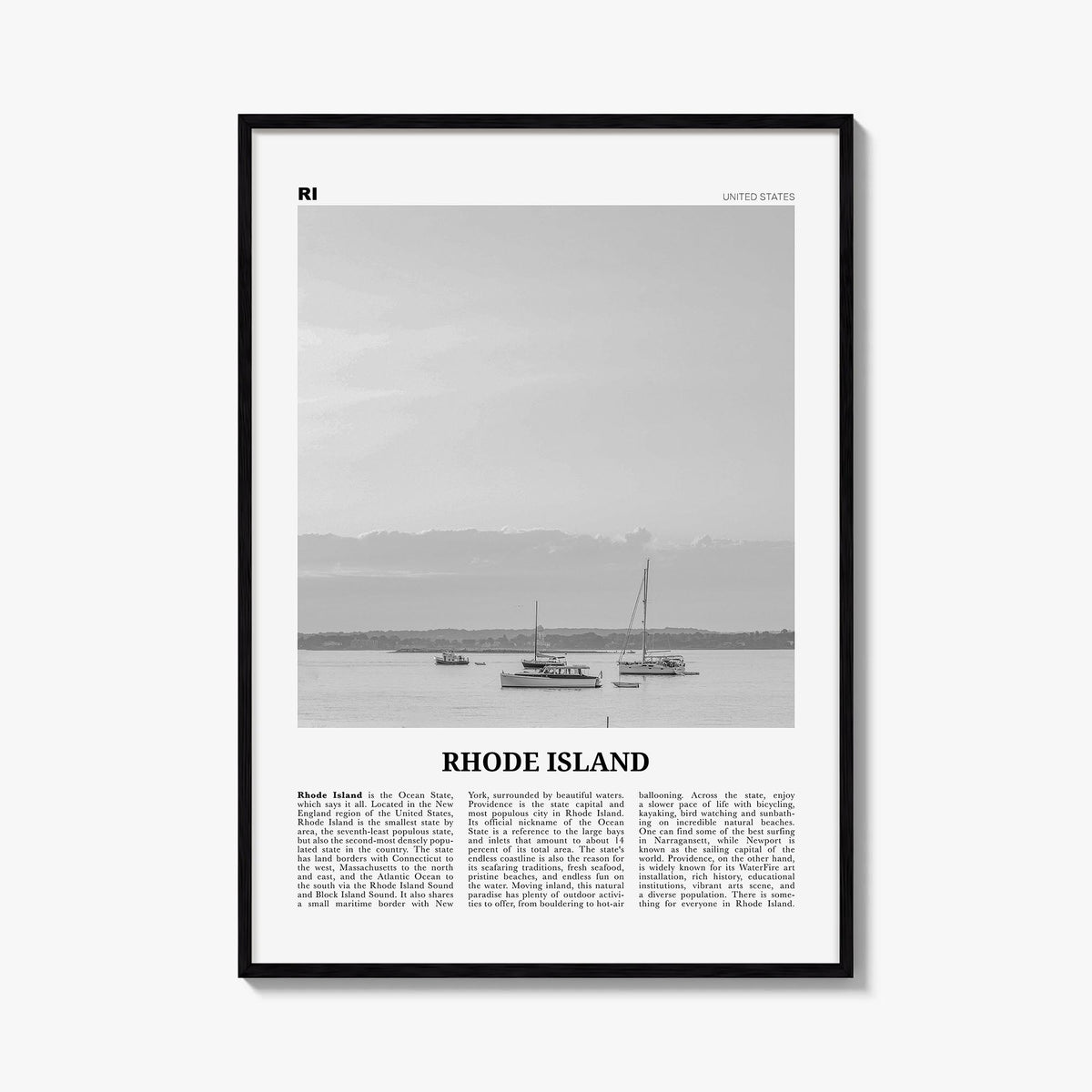 Rhode Island no. 1 black & white newspaper poster of United States – vertical wall art, unframed print shown in interior mock