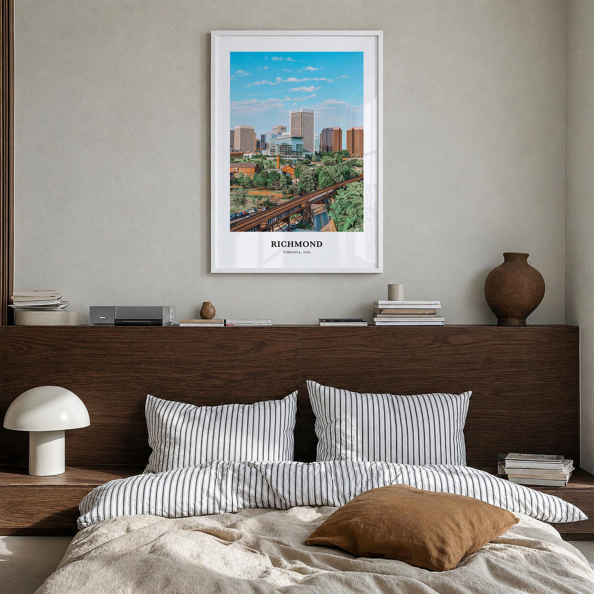 Richmond colorful classic poster of Virginia, USA – vertical wall art in white wood frame, hanging on wall