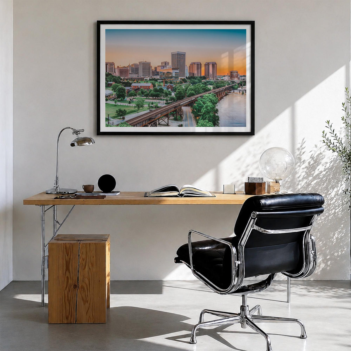 Richmond colorful photo poster of Virginia, USA – horizontal wall art in black wood frame with white border, hanging on wall