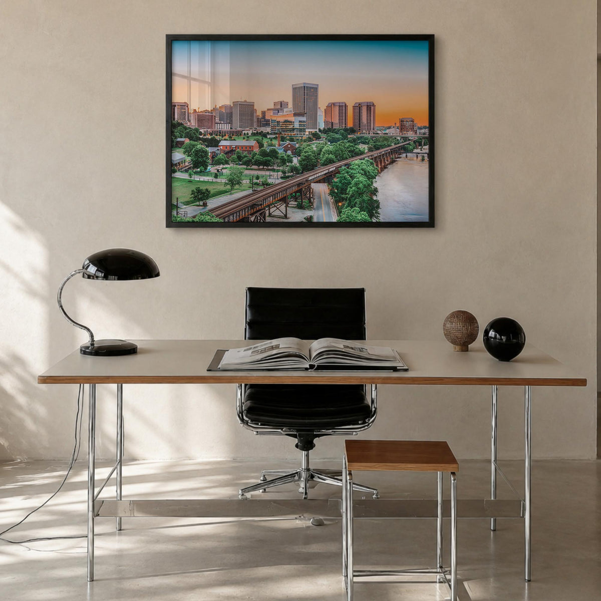 Richmond colorful photo poster of Virginia, USA – horizontal wall art in black wood frame, hanging on wall
