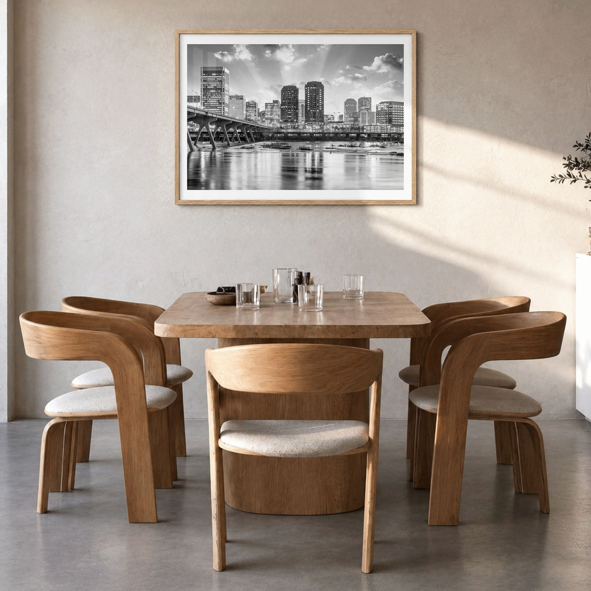 Richmond Photo Poster in a natural wood frame, hanging in a dining room, white border