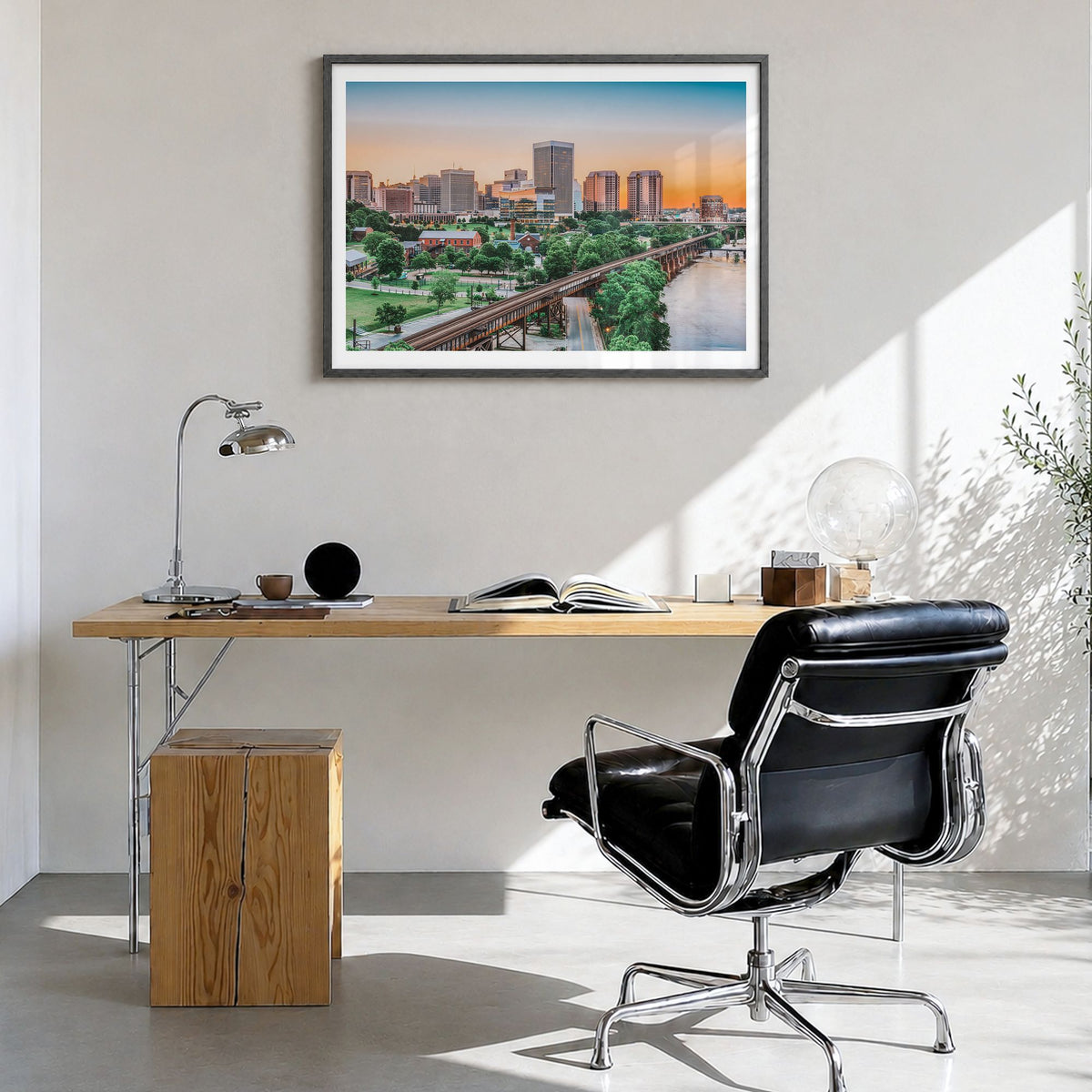 Richmond Photo Poster in a black wood frame, hanging in a bright home office, white border
