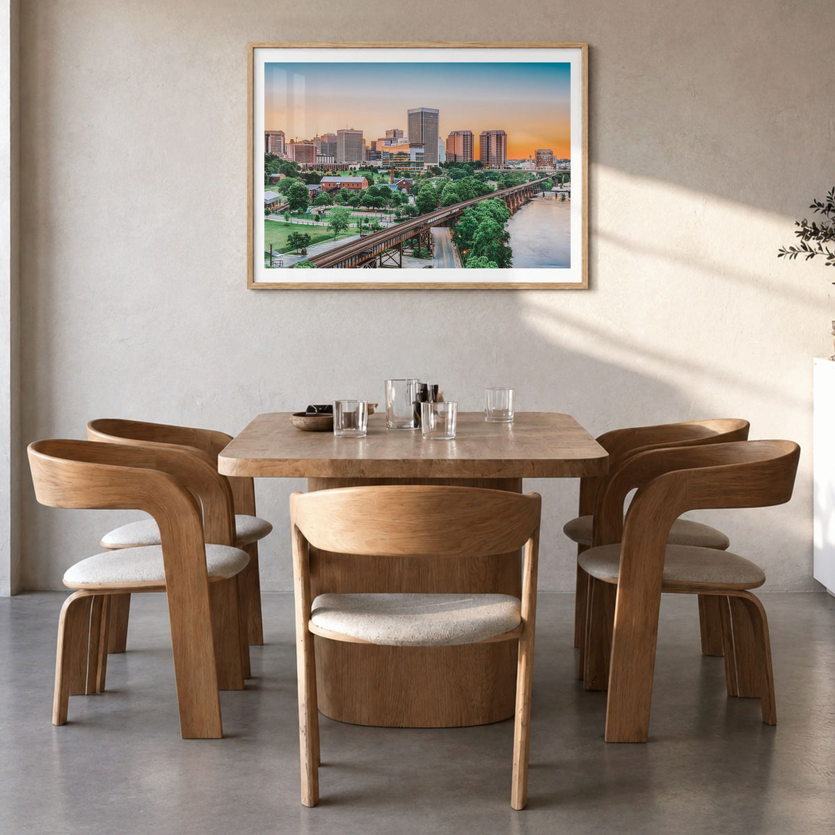 Richmond Photo Poster in a natural wood frame, hanging in a dining room, white border