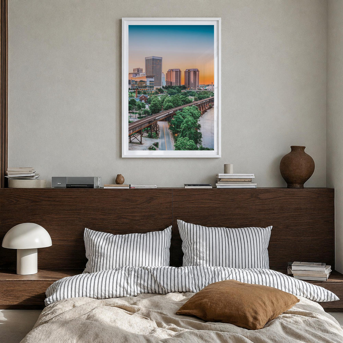 Richmond no. 1 colorful photo poster of Virginia, USA – vertical wall art in white wood frame with white border, hanging on w