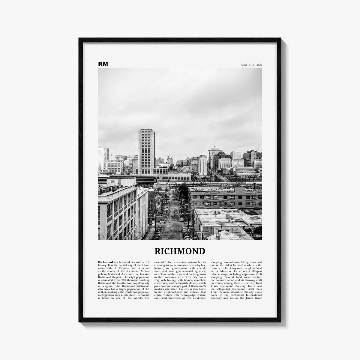 Richmond no. 2 black & white newspaper poster of Virginia, USA – vertical wall art, unframed print shown in interior mockup