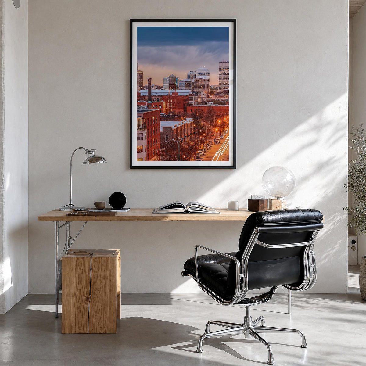 Richmond no. 2 colorful photo poster of Virginia, USA – vertical wall art in black wood frame with white border, hanging on w