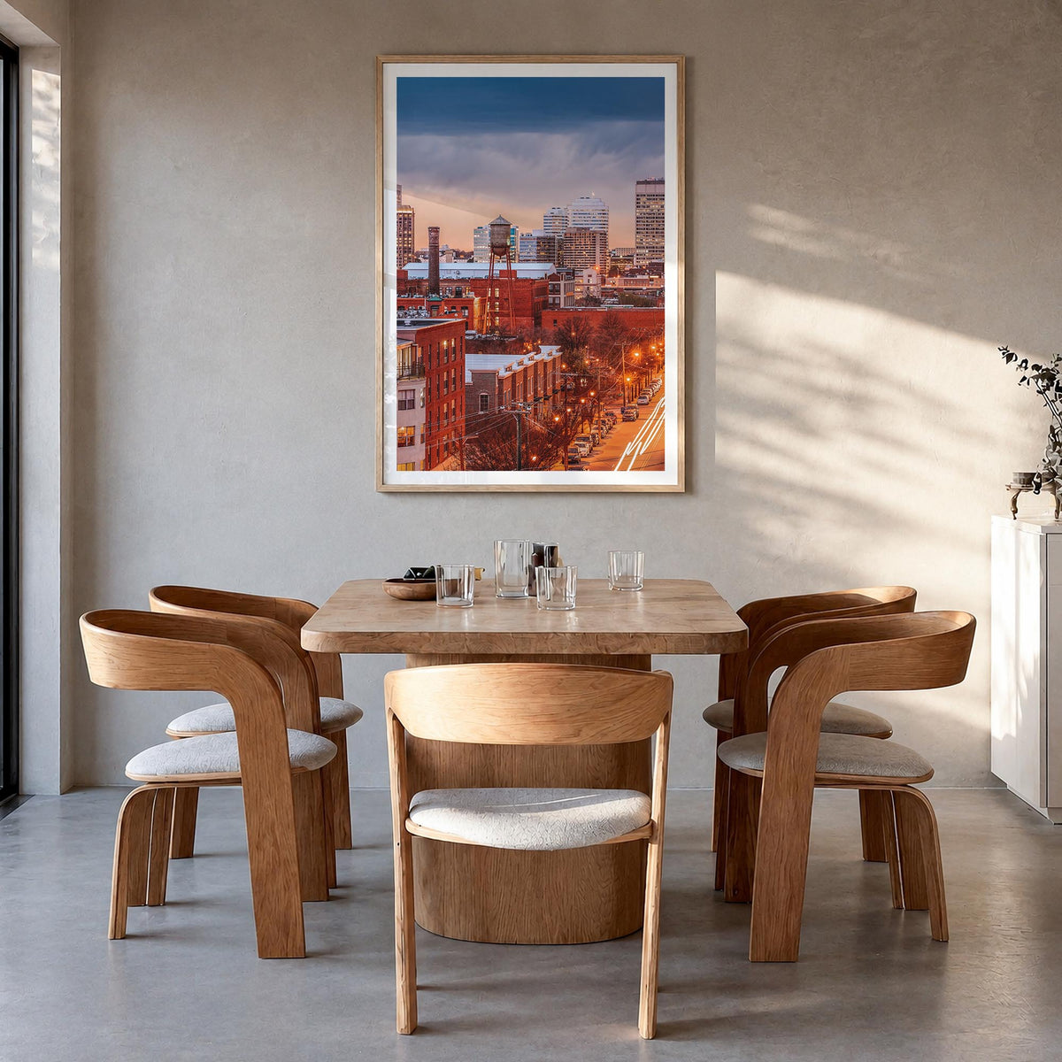 Richmond no. 2 colorful photo poster of Virginia, USA – vertical wall art in natural wood frame with white border, hanging on