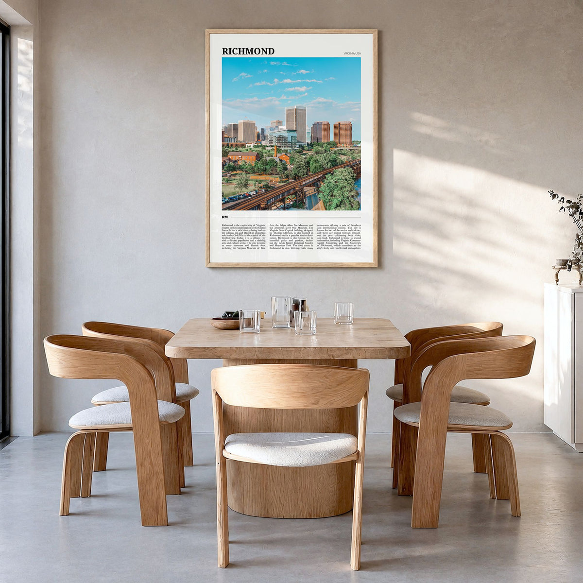 Richmond Travel Poster in a natural wood frame, hanging in a dining room