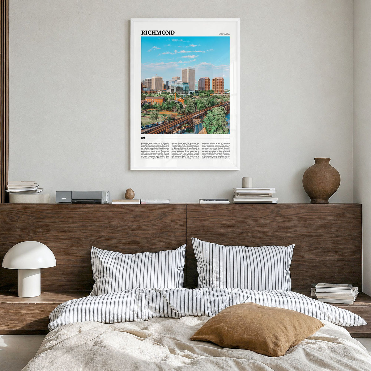 Richmond Travel Poster in a white wood frame, hanging in a bedroom