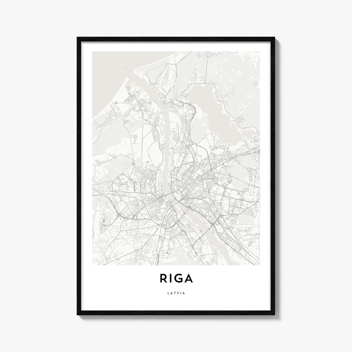 Riga black & white map poster of Latvia – vertical wall art, unframed print shown in interior mockup